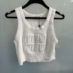 Miu Miu White Cropped Embossed Logo Tank
